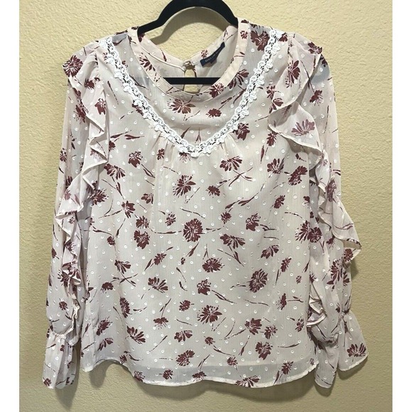 Skies Are Blue Tops - Skies Are Blue Floral Dot Ruffle Sleeve Blouse Cream Pink Small